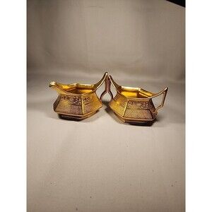 Vintage T & V Limoges France Gold Open Sugar Bowl & Creamer Set 082407